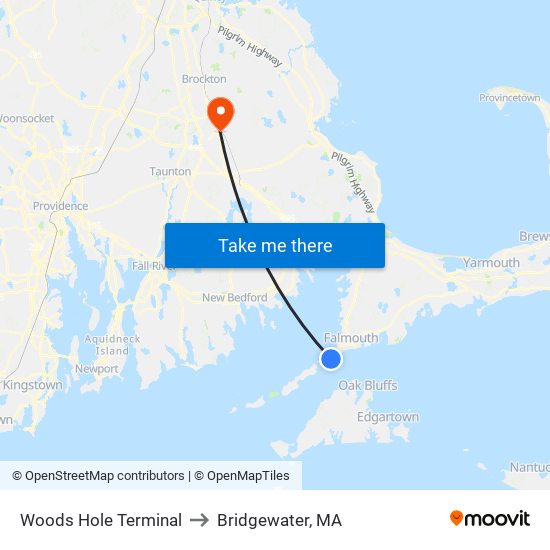 Woods Hole Terminal to Bridgewater, MA map