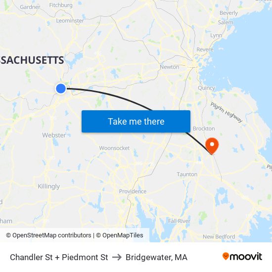 Chandler St + Piedmont St to Bridgewater, MA map