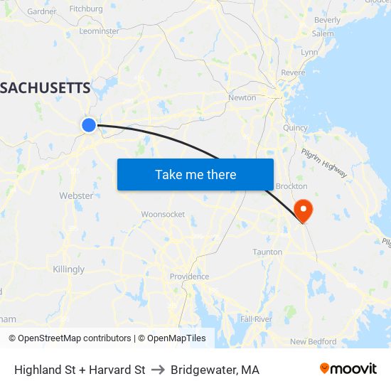 Highland St + Harvard St to Bridgewater, MA map