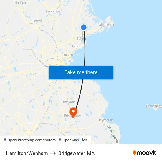 Hamilton/Wenham to Bridgewater, MA map
