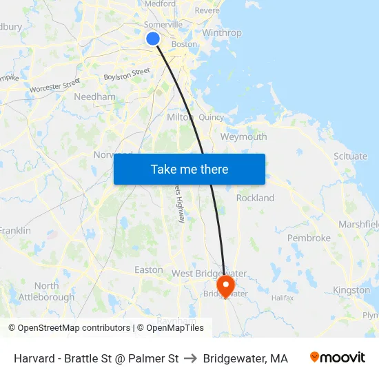 Harvard - Brattle St @ Palmer St to Bridgewater, MA map