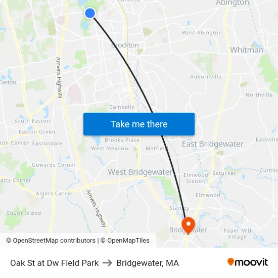 Oak St at Dw Field Park to Bridgewater, MA map
