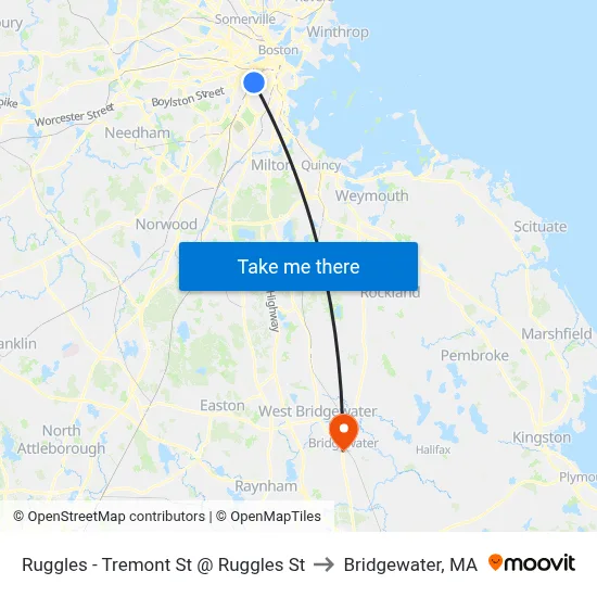 Ruggles - Tremont St @ Ruggles St to Bridgewater, MA map