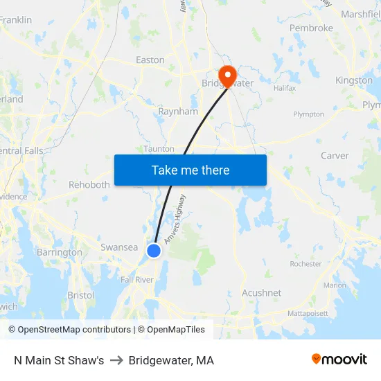 N Main St Shaw's to Bridgewater, MA map
