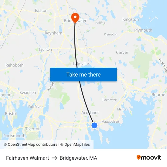 Fairhaven Walmart to Bridgewater, MA map