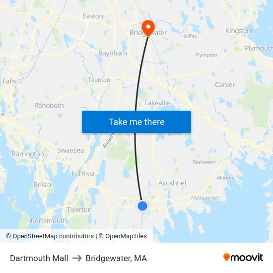 Dartmouth Mall to Bridgewater, MA map