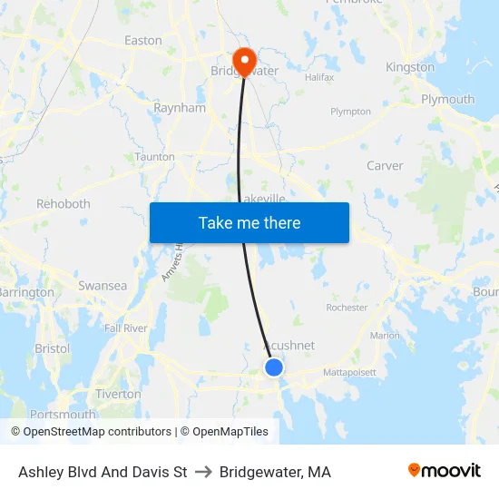 Ashley Blvd And Davis St to Bridgewater, MA map