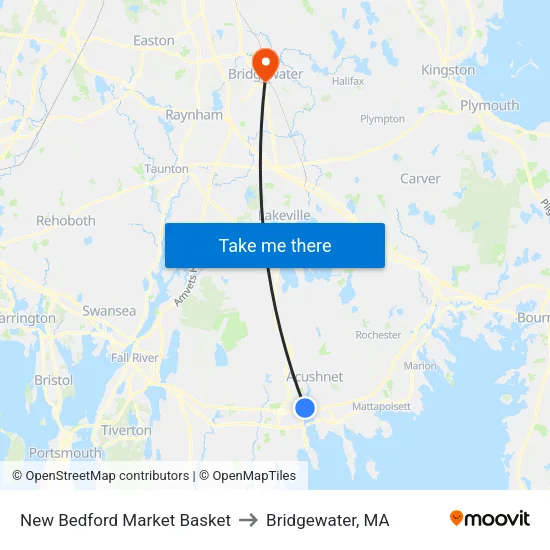 New Bedford Market Basket to Bridgewater, MA map
