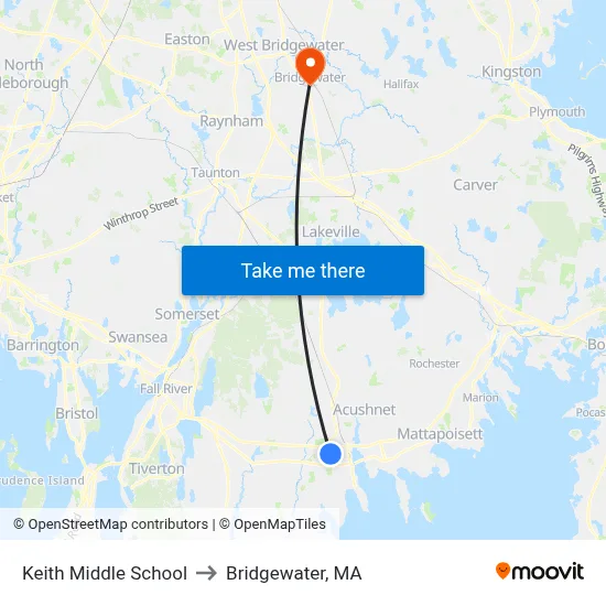 Keith Middle School to Bridgewater, MA map
