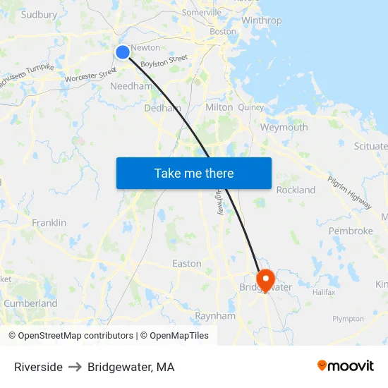 Riverside to Bridgewater, MA map