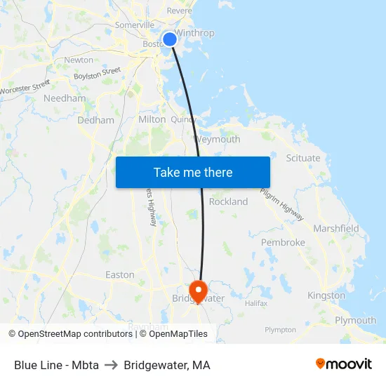 Blue Line - Mbta to Bridgewater, MA map