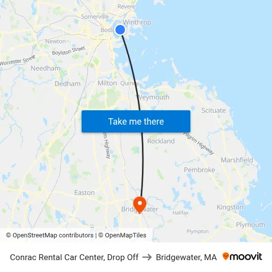 Conrac Rental Car Center, Drop Off to Bridgewater, MA map