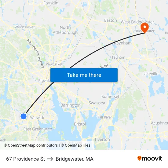 67 Providence St to Bridgewater, MA map