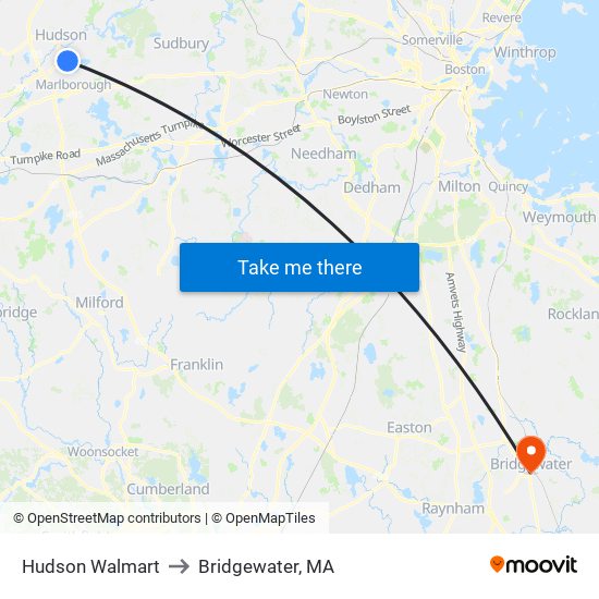 Hudson Walmart to Bridgewater, MA map