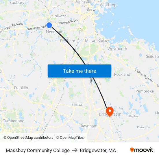 Massbay Community College to Bridgewater, MA map