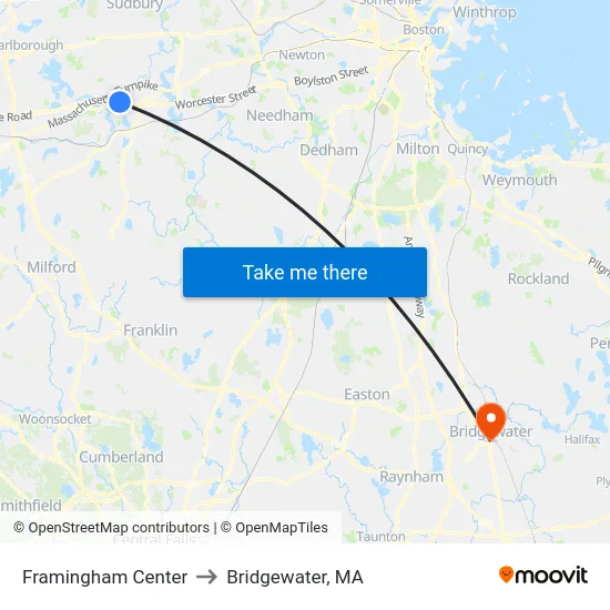 Framingham Center to Bridgewater, MA map