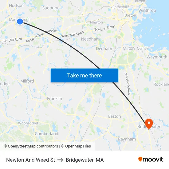 Newton And Weed St to Bridgewater, MA map