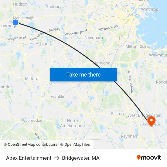 Apex Entertainment to Bridgewater, MA map