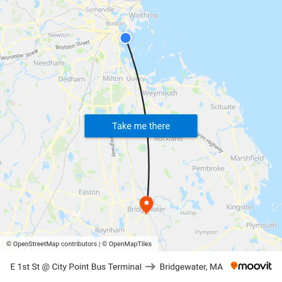E 1st St @ City Point Bus Terminal to Bridgewater, MA map