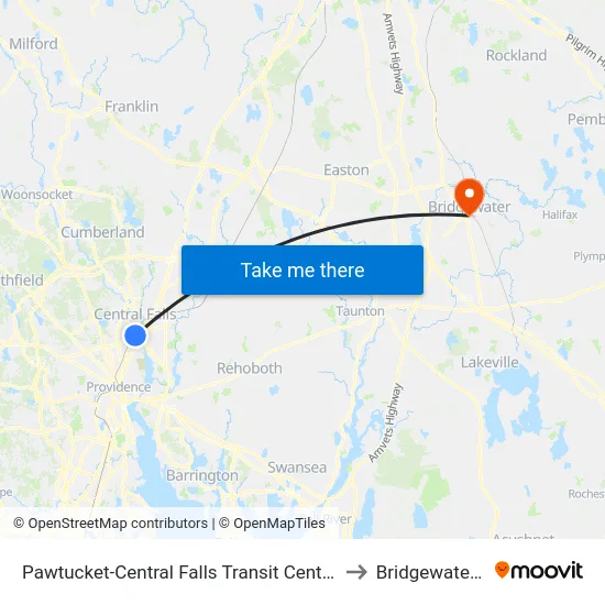Pawtucket-Central Falls Transit Center (Stop A) to Bridgewater, MA map