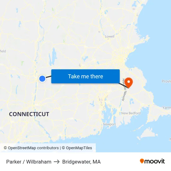 Parker / Wilbraham to Bridgewater, MA map