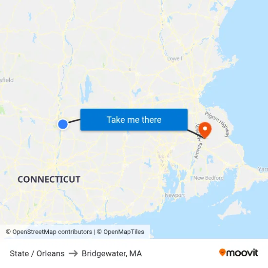 State / Orleans to Bridgewater, MA map