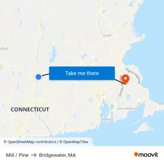 Mill / Pine to Bridgewater, MA map