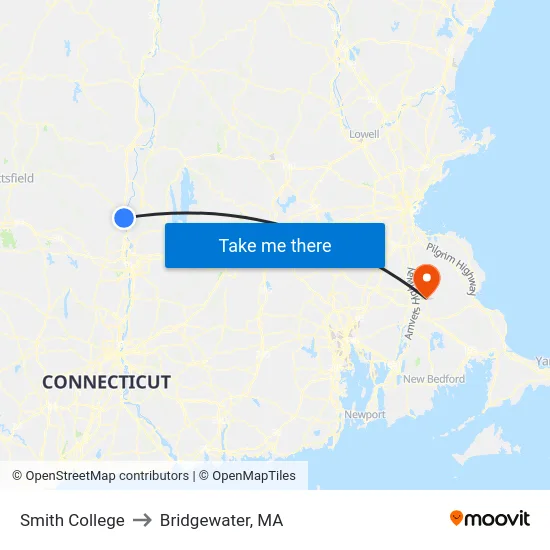 Smith College to Bridgewater, MA map