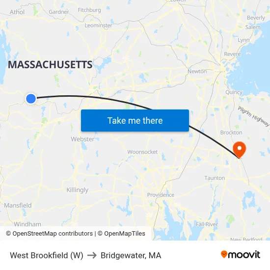West Brookfield (W) to Bridgewater, MA map