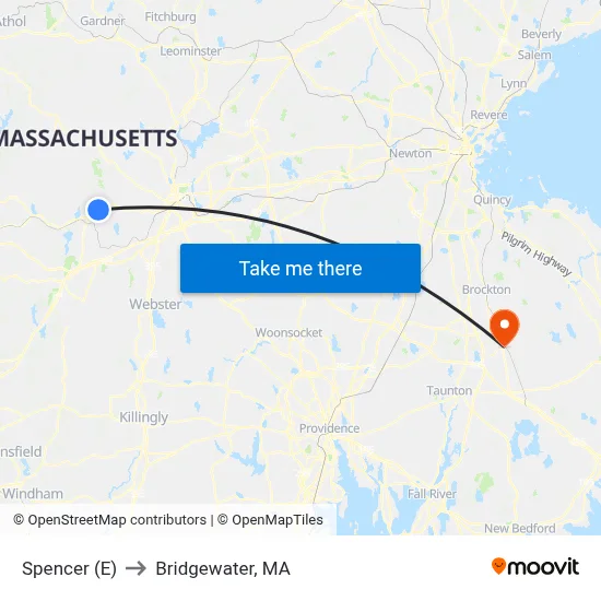 Spencer (E) to Bridgewater, MA map