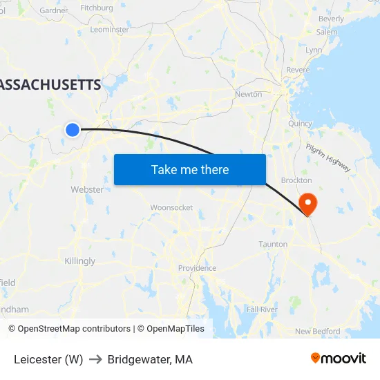 Leicester (W) to Bridgewater, MA map
