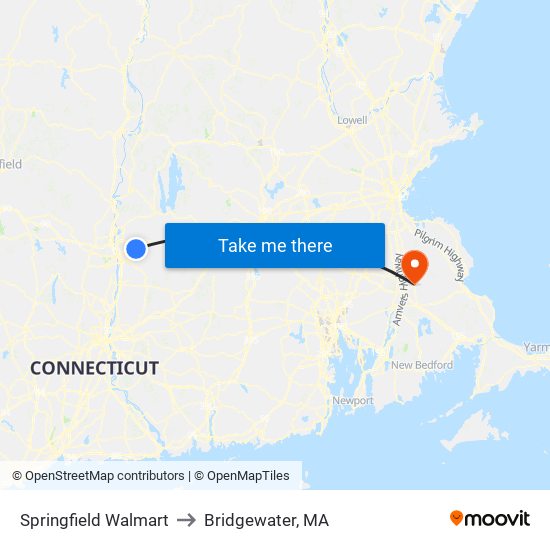 Springfield Walmart to Bridgewater, MA map