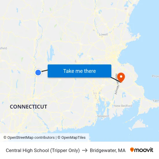 Central High School (Tripper Only) to Bridgewater, MA map