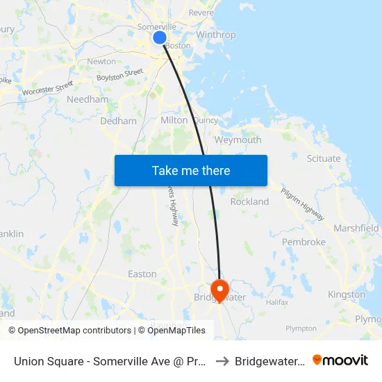 Union Square - Somerville Ave @ Prospect St to Bridgewater, MA map
