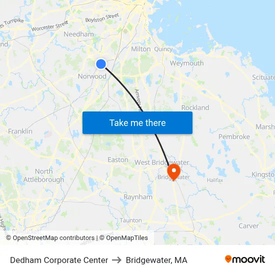 Dedham Corporate Center to Bridgewater, MA map