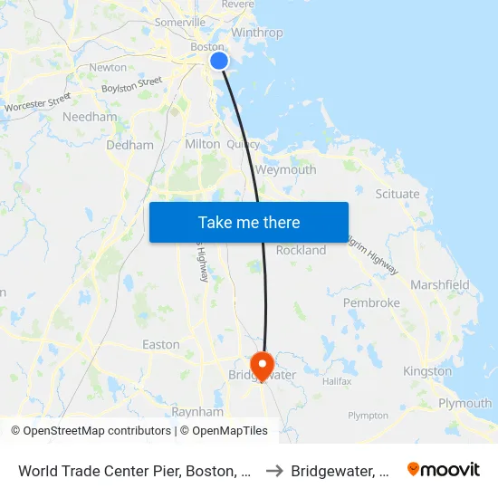 World Trade Center Pier, Boston, MA to Bridgewater, MA map