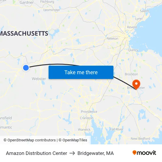 Amazon Distribution Center to Bridgewater, MA map