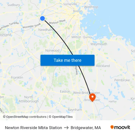 Newton Riverside Mbta Station to Bridgewater, MA map