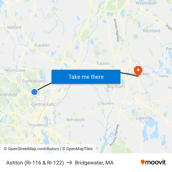 Ashton (Ri-116 & Ri-122) to Bridgewater, MA map
