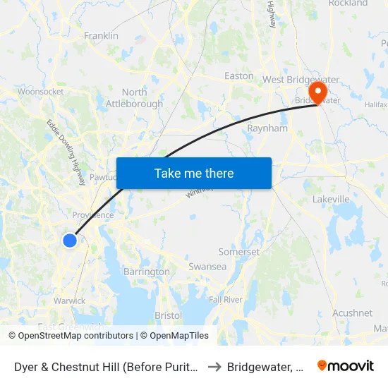 Dyer & Chestnut Hill (Before Puritan) to Bridgewater, MA map