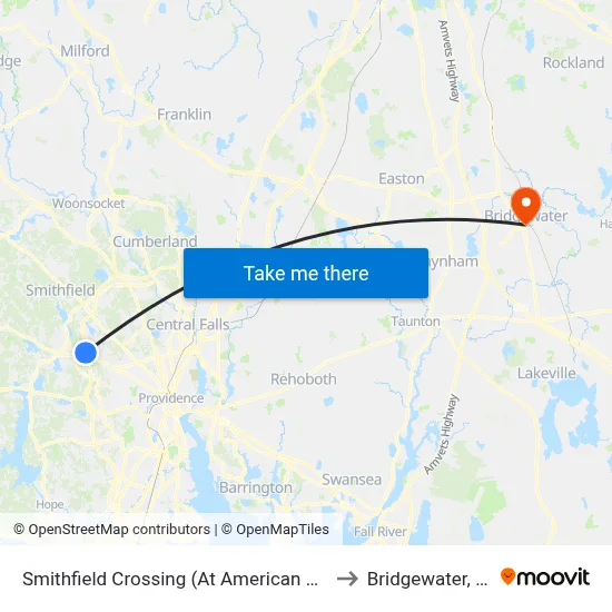 Smithfield Crossing (At American Eagle) to Bridgewater, MA map