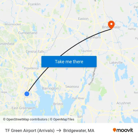 TF Green Airport (Arrivals) to Bridgewater, MA map