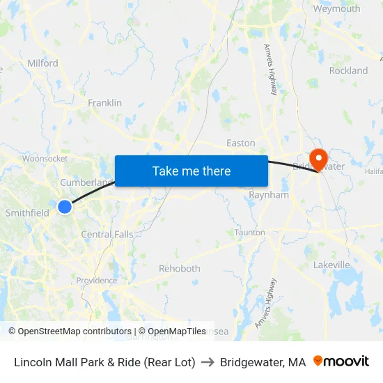 Lincoln Mall Park & Ride (Rear Lot) to Bridgewater, MA map