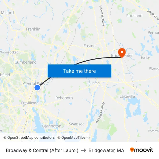 Broadway & Central (After Laurel) to Bridgewater, MA map
