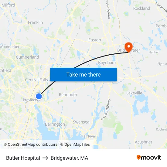 Butler Hospital to Bridgewater, MA map