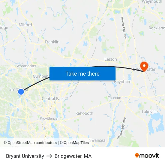 Bryant University to Bridgewater, MA map