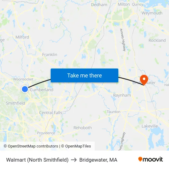 Walmart (North Smithfield) to Bridgewater, MA map