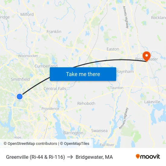 Greenville (Ri-44 & Ri-116) to Bridgewater, MA map