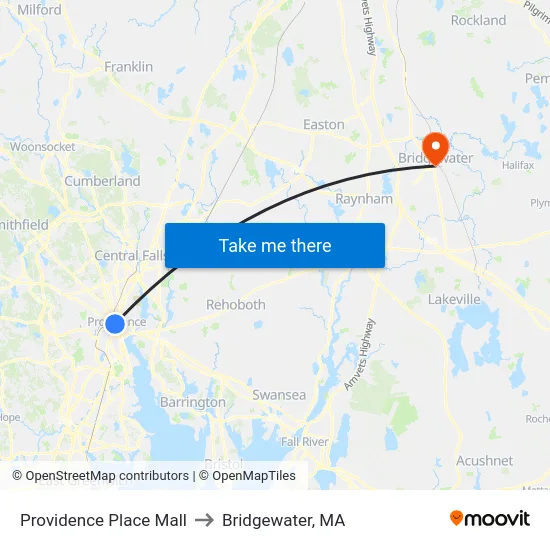 Providence Place Mall to Bridgewater, MA map