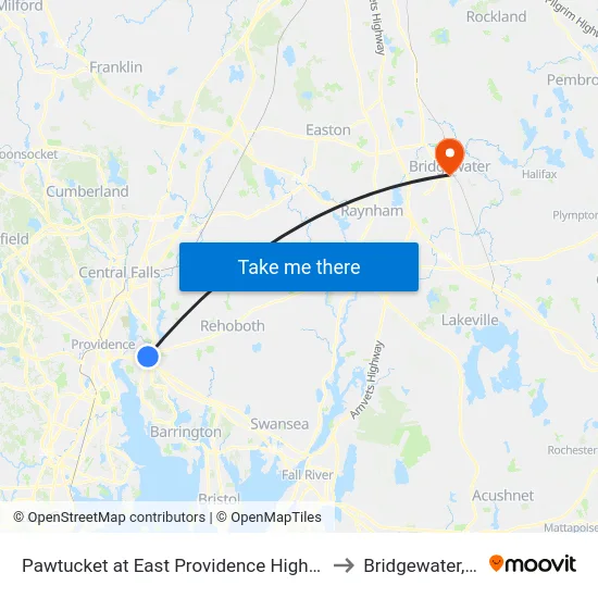 Pawtucket at East Providence High School to Bridgewater, MA map